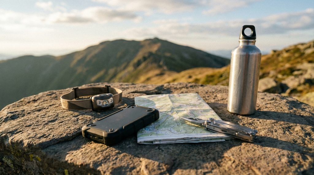 Wanderausrüstung mit Stirnlampe und Powerbank auf einem Felsen